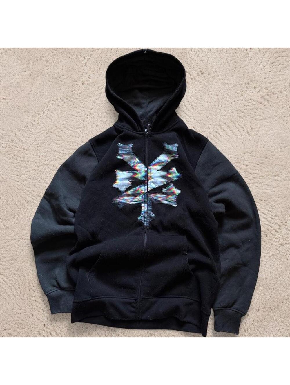 Crazy fire Y2K Zoo York black zip up hoodie with iridescent logo,
